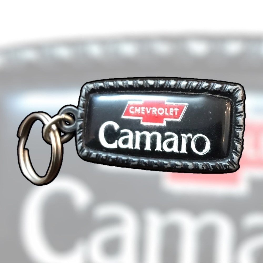 Vintage 1970's Chevy Camaro Metal Keychain Keyring Fob Blue Pendant Made USA